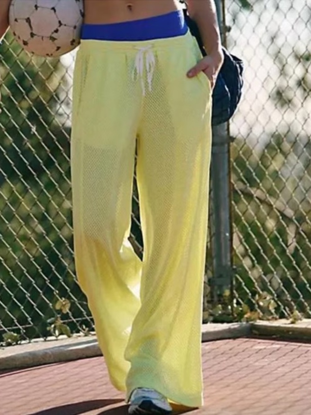 FP Movement by Free People Yellow Mesh Track Pants with Blue Waistband